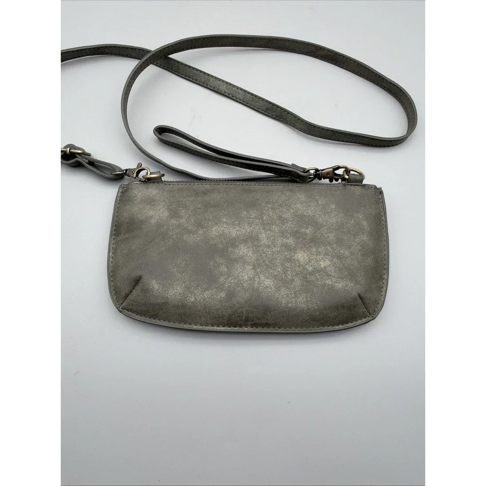 Joy Susan Crossbody Purse Wristlet Clutch Vegan Faux Leather Pewter EUC